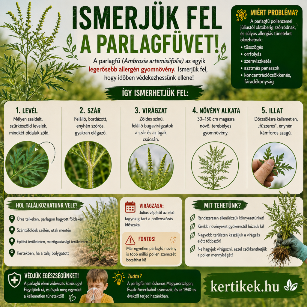Infografika a parlagfű felismeréséről, virágzásáról, allergén hatásáról és irtásáról