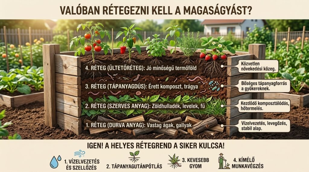 A magaságyás 4 rétege: alul ágak (vízelvezetés), felette zöldhulladék (hő), majd komposzt (tápanyag), legfelül termőföld