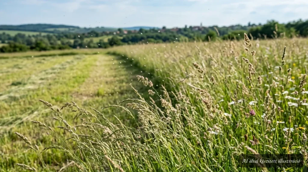 Pollenaptár áprilisi pázsitfűpolleneket és allergiát okozó virágzó füveket mutat természetes környezetben