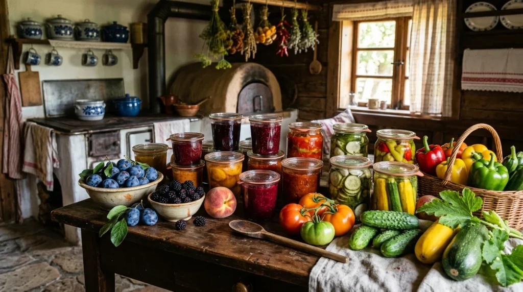 Augusztusi befőzéshez előkészített szilva, őszibarack, paradicsom, paprika és uborka üvegekben