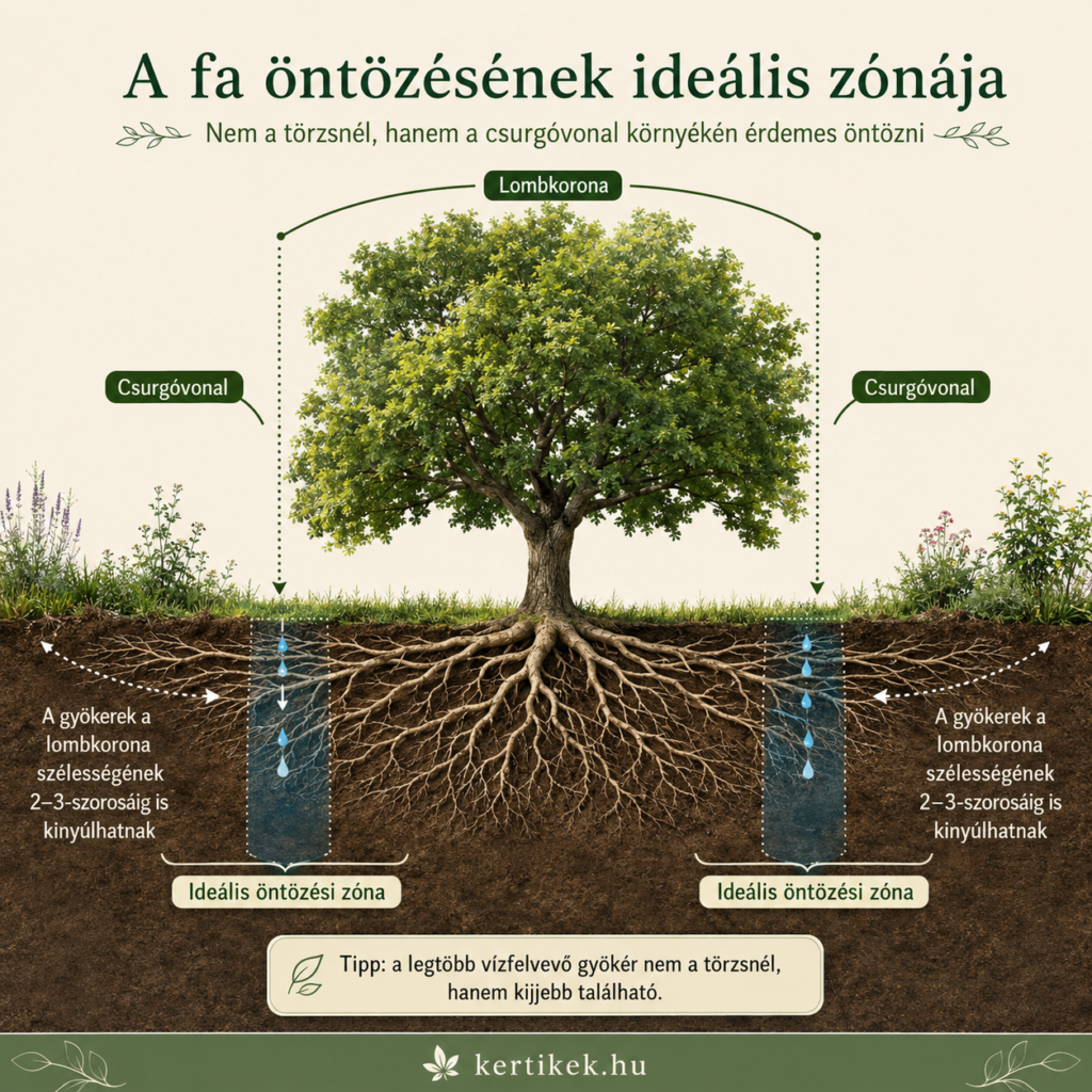 Infografika: a nagy fa ideális öntözési zónája a koronacsurgó körül van, nem közvetlenül a törzsnél