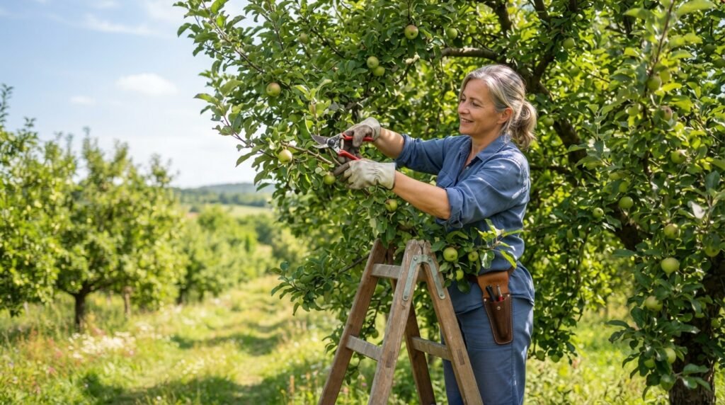 Nő létrán állva metszőollóval vágja egy almafa ágait a gyümölcsösben