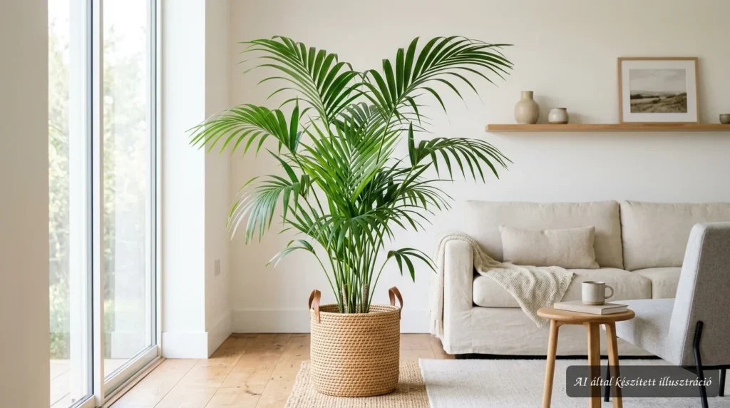 Kentia pálma elegáns szobanövény világos nappaliban, természetes fényben, egészséges zöld levelekkel