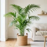 Kentia pálma elegáns szobanövény világos nappaliban, természetes fényben, egészséges zöld levelekkel