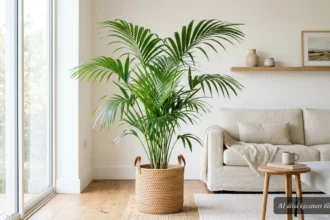 Kentia pálma elegáns szobanövény világos nappaliban, természetes fényben, egészséges zöld levelekkel