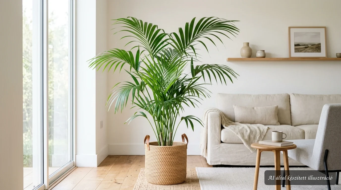 Kentia pálma elegáns szobanövény világos nappaliban, természetes fényben, egészséges zöld levelekkel