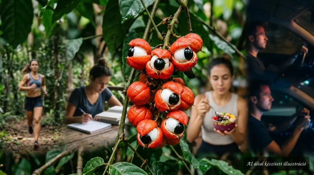 Érett brazil guaranátermések piros héjjal és fehér-fekete magokkal, amelyek szemgolyóra emlékeztetnek; koffeintartalmú készítmények alapanyaga.