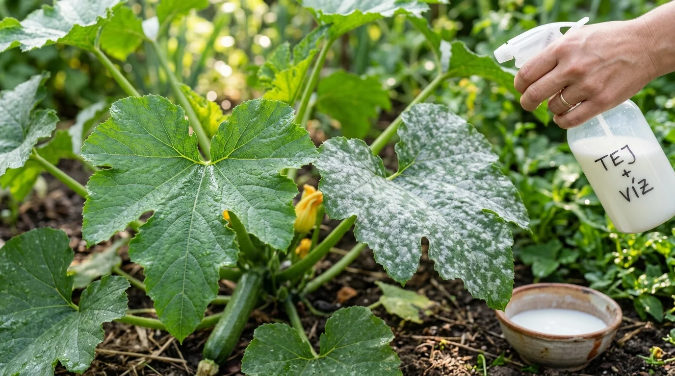 Cukkini levelei fehér lisztharmattal, mellettük hígított tejes permetezőpalack a kertben