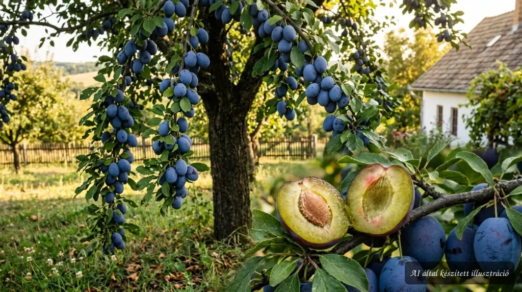Érett Korai Besztercei szilvák egy faágon, kertben, természetes nyári fényben