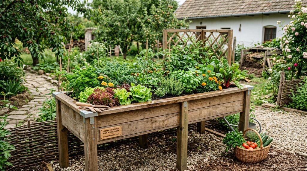 Wooden raised garden bed on legs filled with kale, lettuce, and herbs, with a basket of harvested vegetables nearby