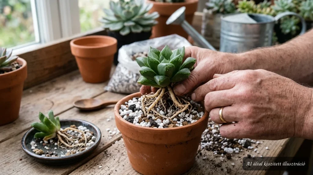 Szemölcsliliom (Haworthia venosa) laza, jó vízáteresztő talajban, átültetés után, gondozási tapasztalatokat bemutatva