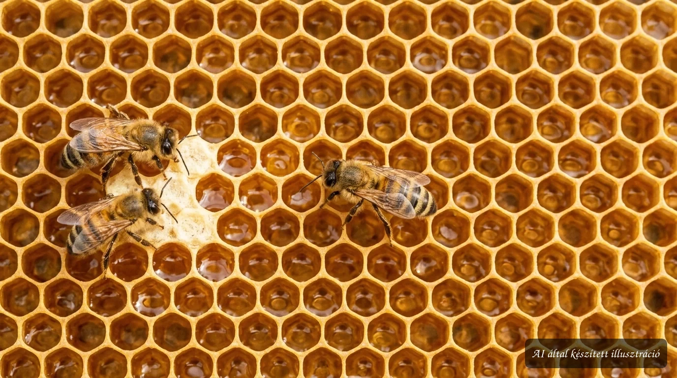 Aranyló méhek hatszögletű viaszsejteket építenek rendezett kaptárfalon, természetes geometriai mintázattal