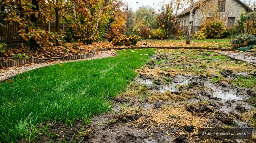 Őszi gyeptelepítés előkészített talajjal, friss fűmaggal és gondosan kialakított pázsittal