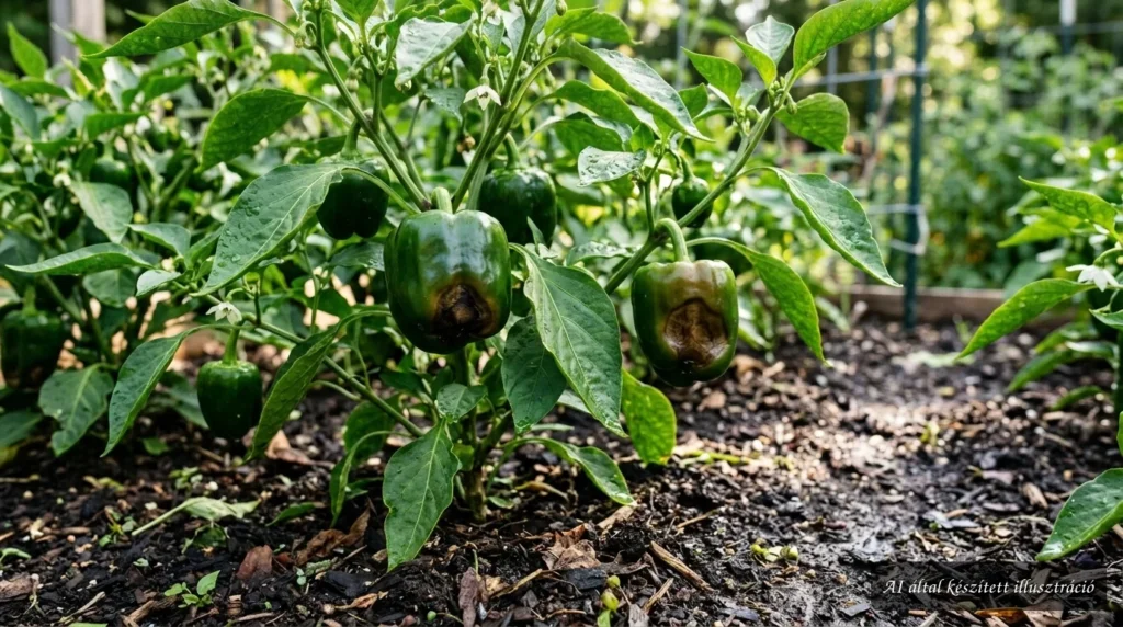 Barna, besüppedő folt paprika termésének csúcsán csúcsrothadás jeleként