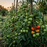 Zöld paradicsomok érnek a nyár végén, miközben a kertész védi a termést