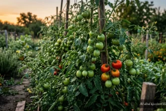 Zöld paradicsomok érnek a nyár végén, miközben a kertész védi a termést