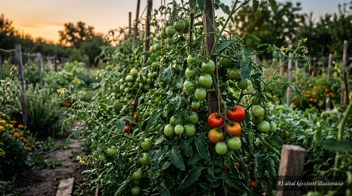 Zöld paradicsomok érnek a nyár végén, miközben a kertész védi a termést
