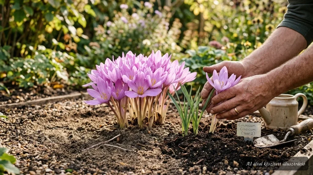 Anatóliai kikerics (Colchicum cilicicum) virágzása saját termesztési kísérletben, őszi kertben