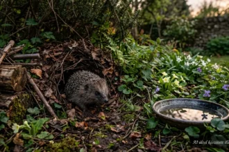 Sün biztonságos búvóhelyet keres a tavaszi kert sűrű növényei között