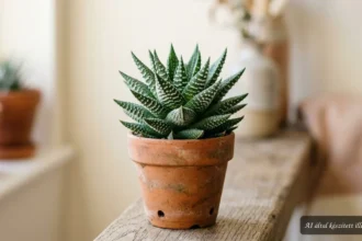 Szemölcsliliom Haworthia venosa húsos levelekkel világos ablakpárkányon dekoratív cserepes szobanövényként