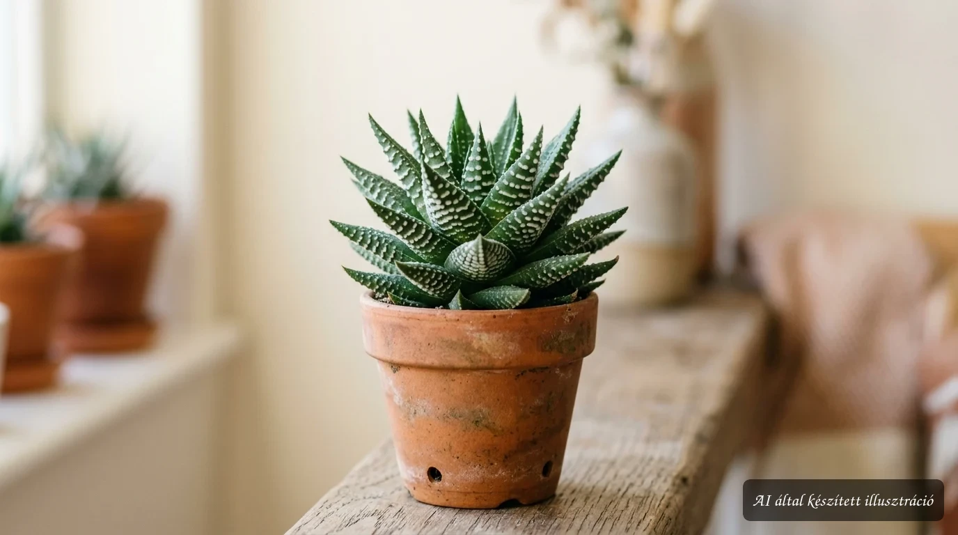 Szemölcsliliom Haworthia venosa húsos levelekkel világos ablakpárkányon dekoratív cserepes szobanövényként