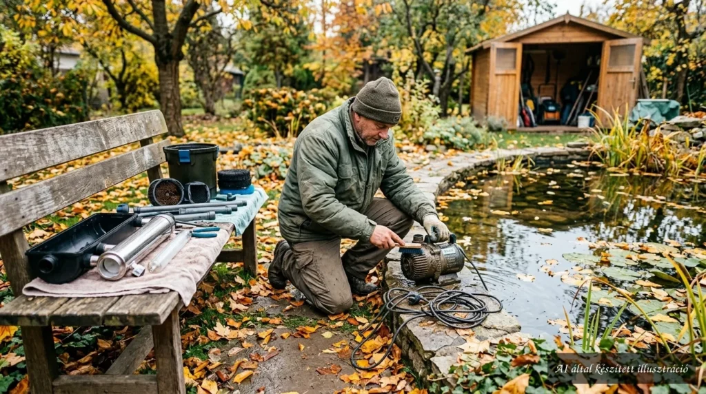 Kerti tó őszi karbantartása szűrőrendszerrel és szivattyúval, a hidegebb időre való fokozatos felkészítés közben