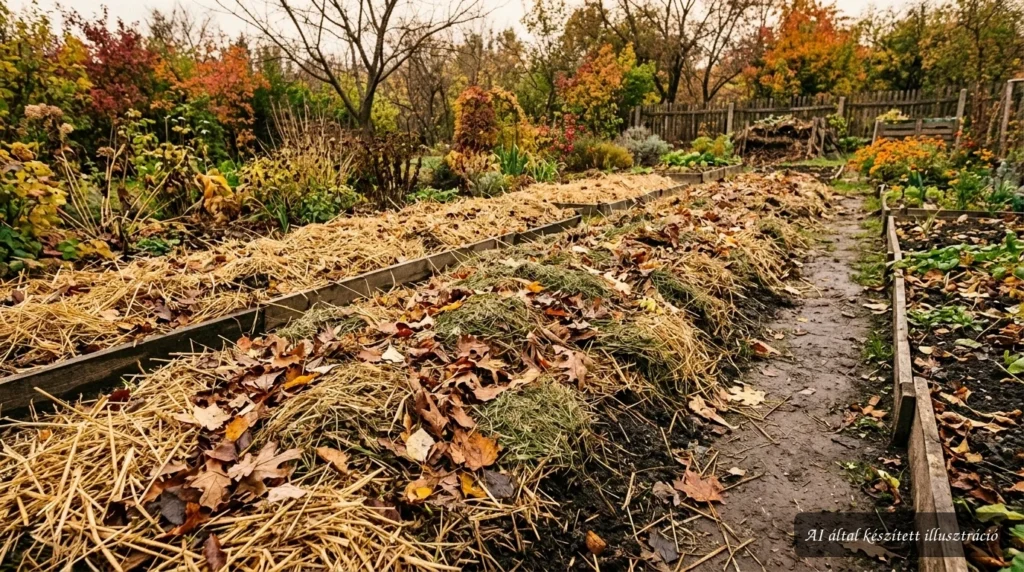 Ősszel mulccsal takart, üres veteményes ágyás a talaj védelméért és nedvességének megőrzéséért