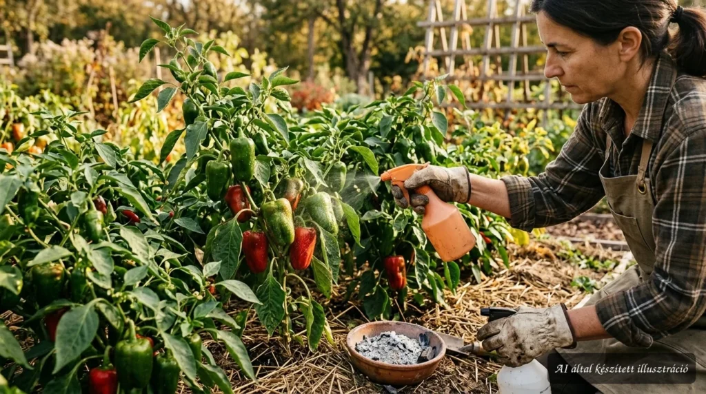 Paprika a szezon végén, érő termésekkel és tápanyagpótlással a növény utolsó fejlődési szakaszában