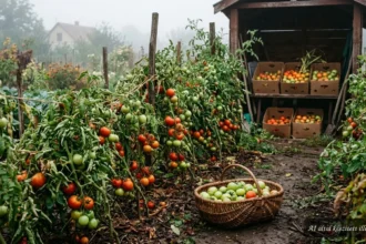 Zöld paradicsomok fürtökben a kerti töveken, őszi megmentésre és utóérlelésre várva