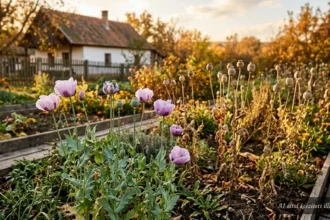 Virágzó mák hamvas levelekkel, karcsú szárral és jellegzetes nagy virágokkal a kertben