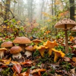 Őszi erdőben növő különféle ehető gombák kosárban, természetes avar között