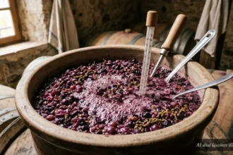 Szőlőcefre erjedése tiszta edényben, szőlőszemekkel és habzó lével
