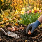 Tulipán- és nárciszhagymák őszi ültetése előkészített kerti ágyásban