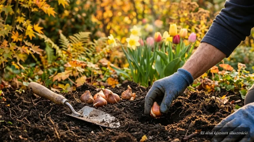 Tulipán- és nárciszhagymák őszi ültetése előkészített kerti ágyásban