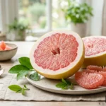 Félbevágott pomelo lédús gerezdekkel, citruslevelekkel és friss, természetes hangulatú háttérrel