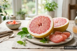 Félbevágott pomelo lédús gerezdekkel, citruslevelekkel és friss, természetes hangulatú háttérrel