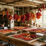Félbevágott chili paprikák száradnak rácson, jól szellőző, száraz konyhai környezetben