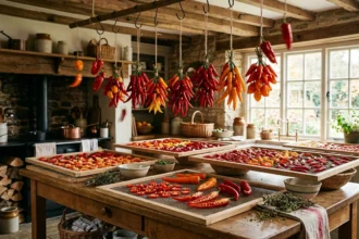 Félbevágott chili paprikák száradnak rácson, jól szellőző, száraz konyhai környezetben