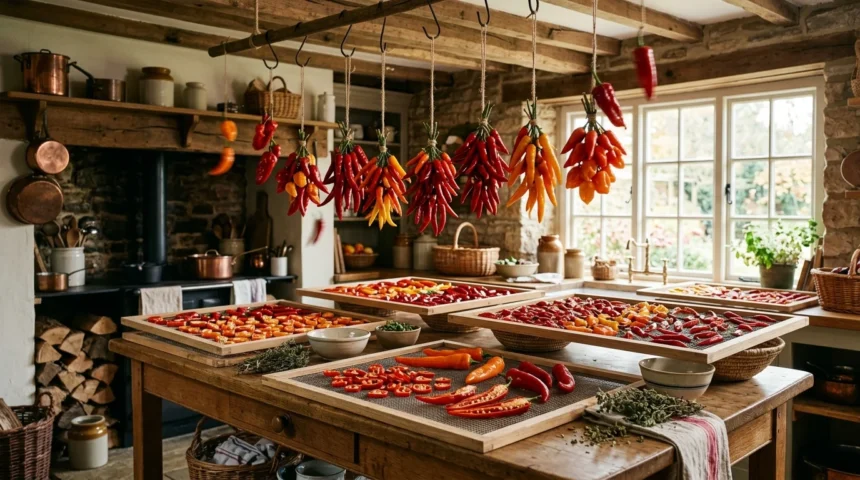 Félbevágott chili paprikák száradnak rácson, jól szellőző, száraz konyhai környezetben