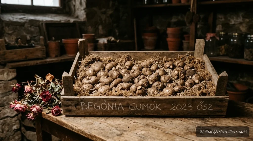 Begóniagumók téli tárolása száraz, hűvös helyen, jövő évi virágzáshoz előkészítve