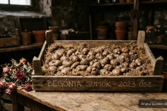 Begóniagumók téli tárolása száraz, hűvös helyen, jövő évi virágzáshoz előkészítve