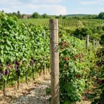 Stabil támberendezés szőlőhöz, málnához és szederhez oszlopokkal, huzalokkal, rendezett növénysorok között